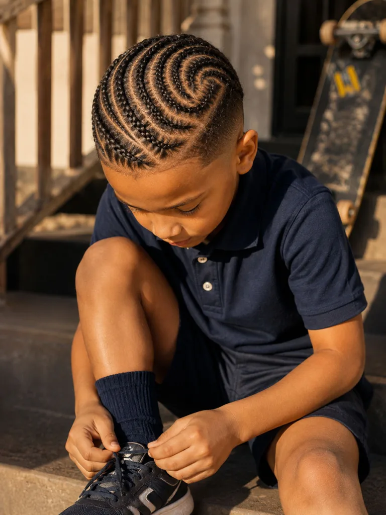 Cornrow design hairstyle for boys photographed on a front porch