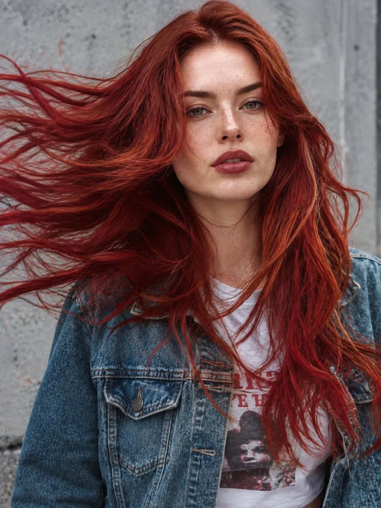 Woman with bold bright cranberry red hair against an urban wall