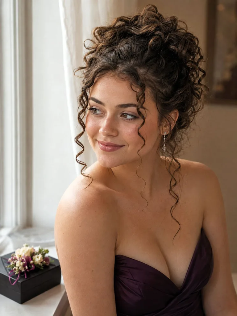 Curly half-up prom hairstyle with a face-framing curl for natural texture