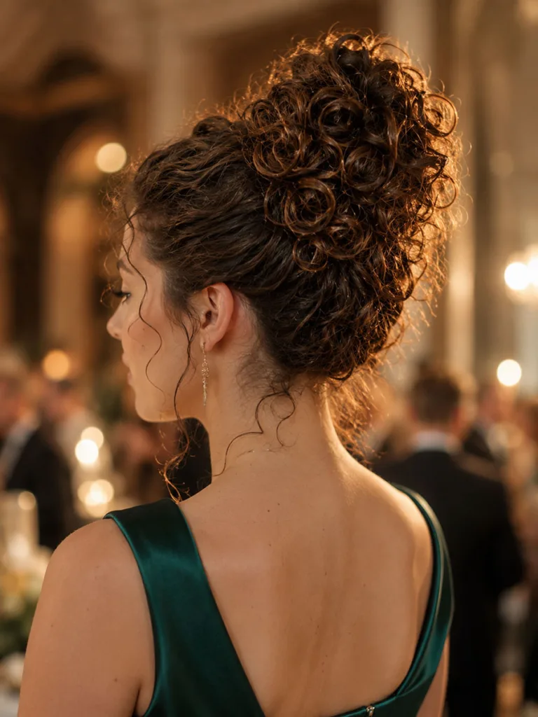 Curly high bun updo preserving natural curl texture, formal indoor reception