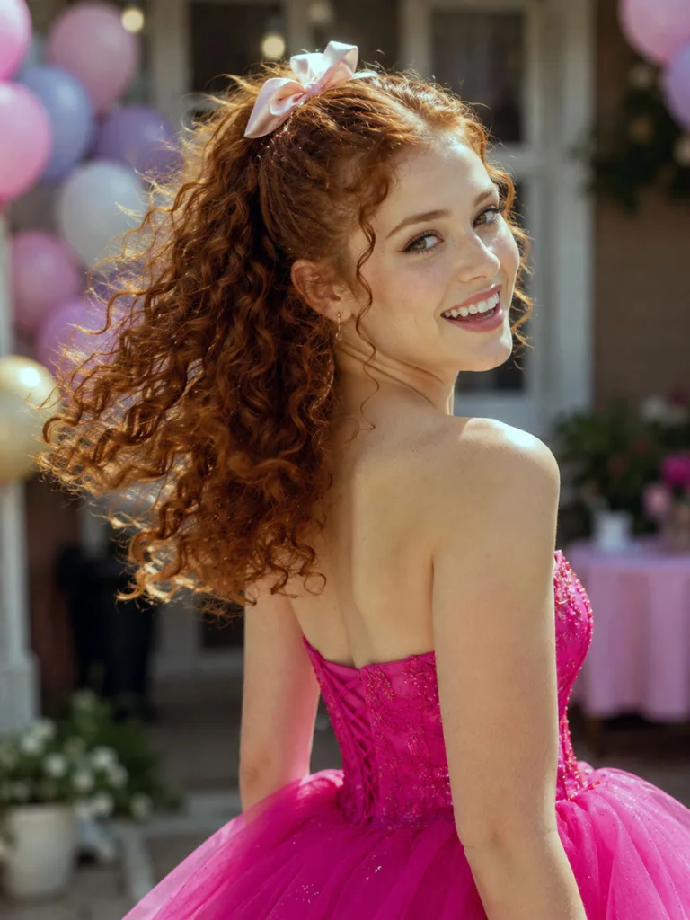 Curly ponytail prom hairstyle finished with a playful silk bow