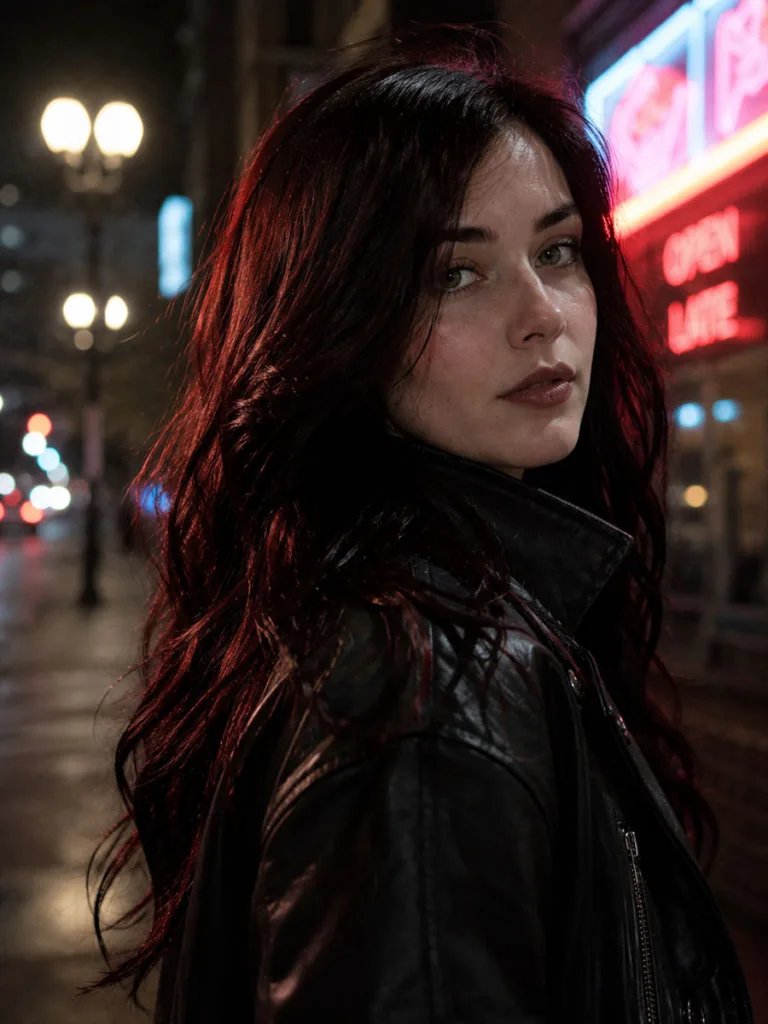 Woman with nearly black dark cherry cola hair under city night lights