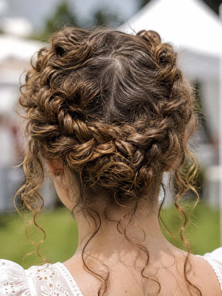 Double-braided halo hairstyle wrapped around the head at an outdoor summer wedding