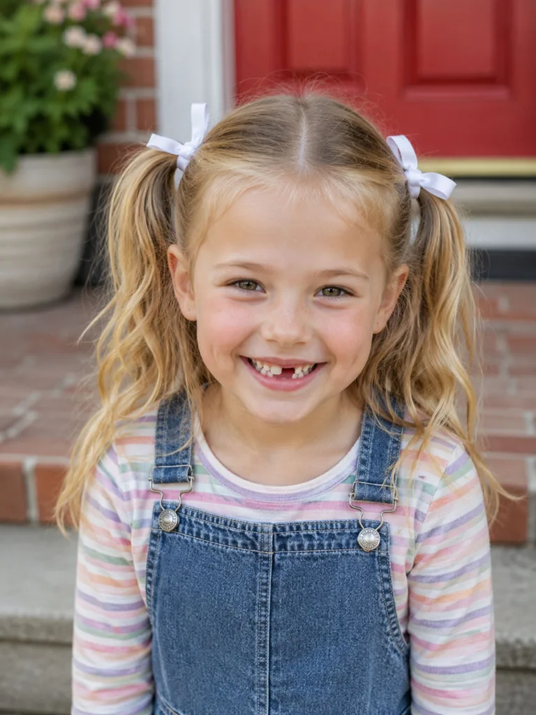 Double pigtails easy hairstyle for school on a young girl outdoors