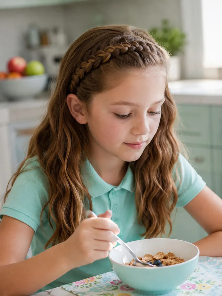 Dutch braid headband hairstyle keeping curls off the face for school