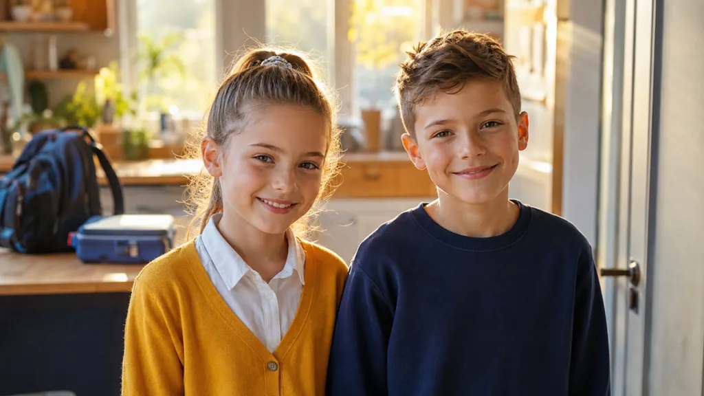 Easy school hairstyles for kids featured in a bright back-to-school morning photo