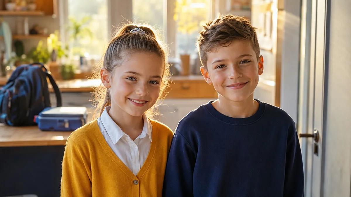 Easy school hairstyles for kids featured in a bright back-to-school morning photo