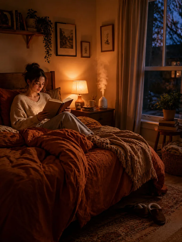 Woman using a bedroom humidifier to fight dry fall air overnight