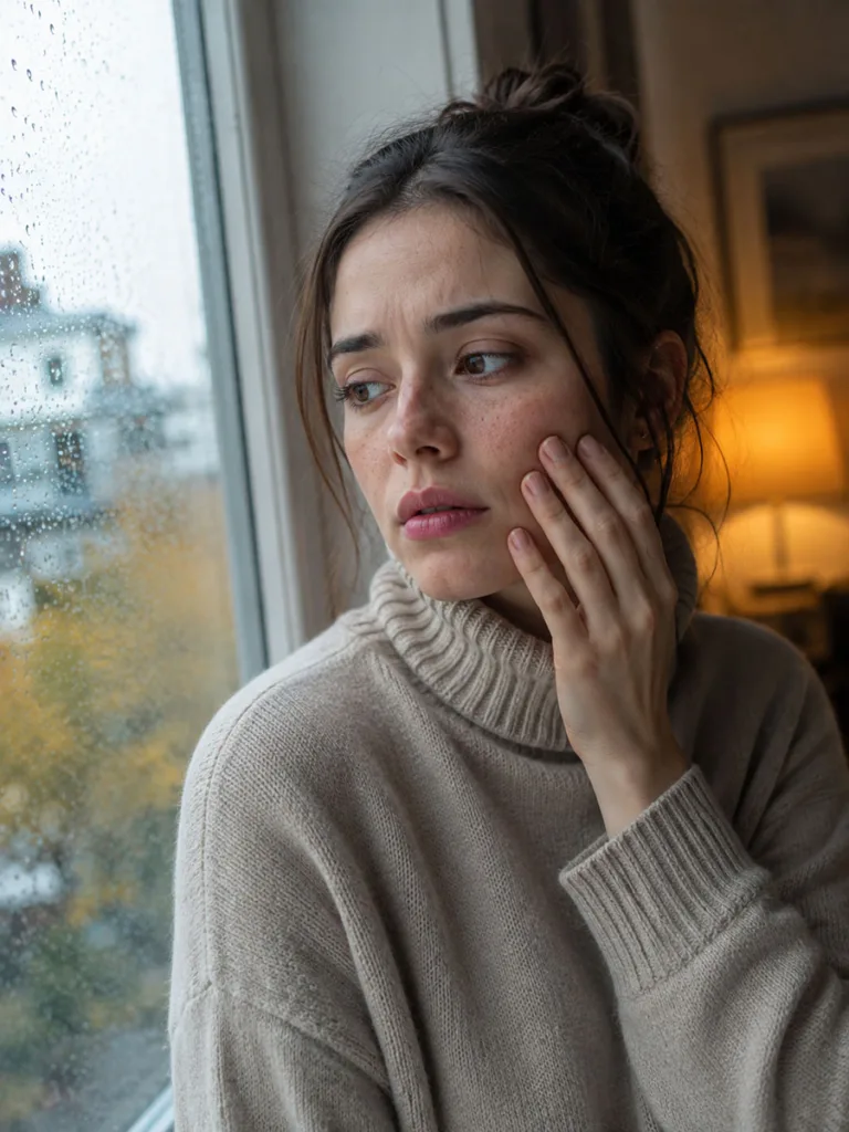 Woman noticing dry skin caused by cold fall air and indoor heating