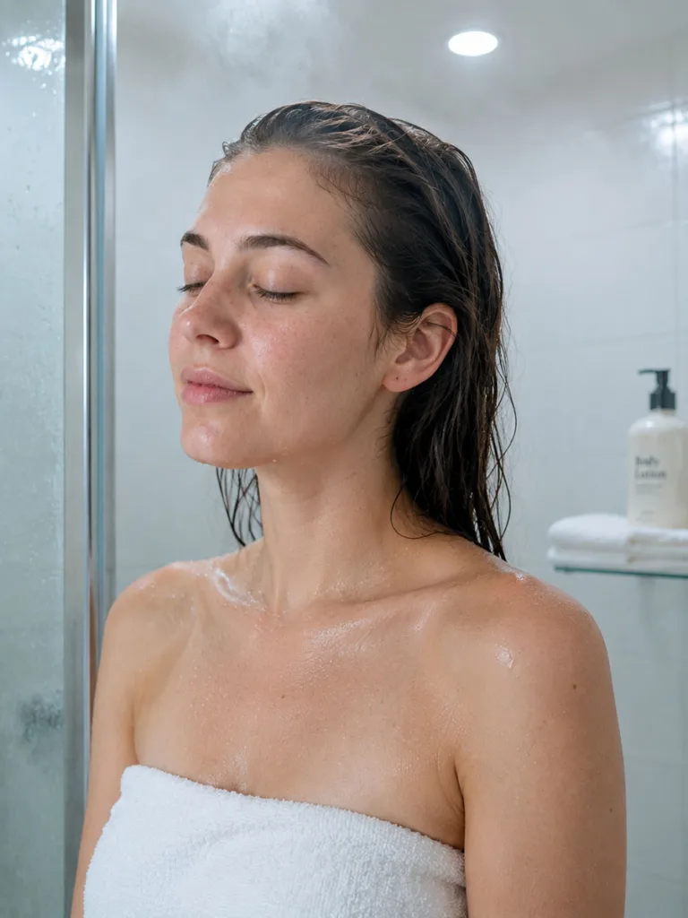 Woman finishing a shorter, cooler shower to protect her skin barrier in fall