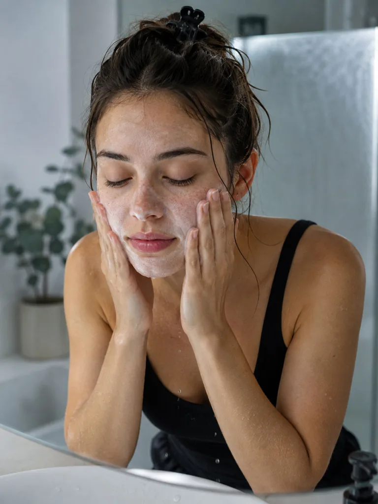 Woman massaging a cream cleanser into her skin as part of a fall skincare routine