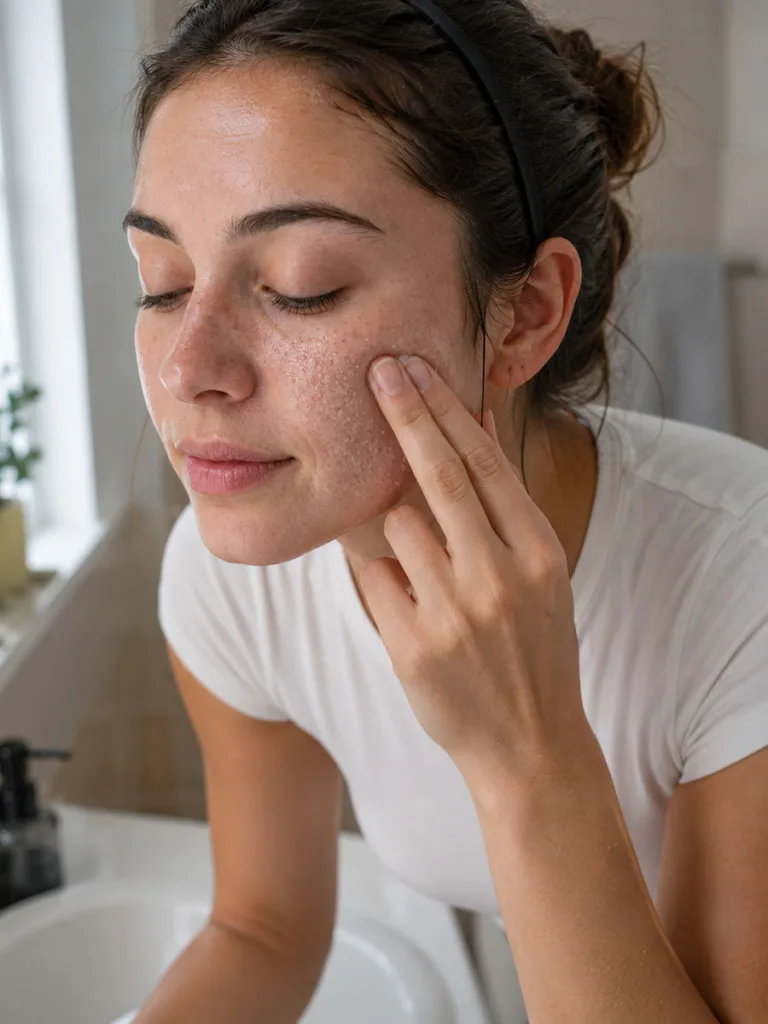 Woman gently exfoliating her skin once a week during fall to avoid over-exfoliating