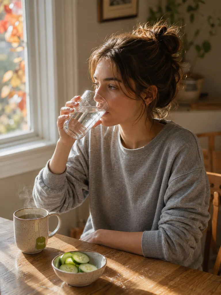 Woman drinking water consistently to support skin hydration during fall