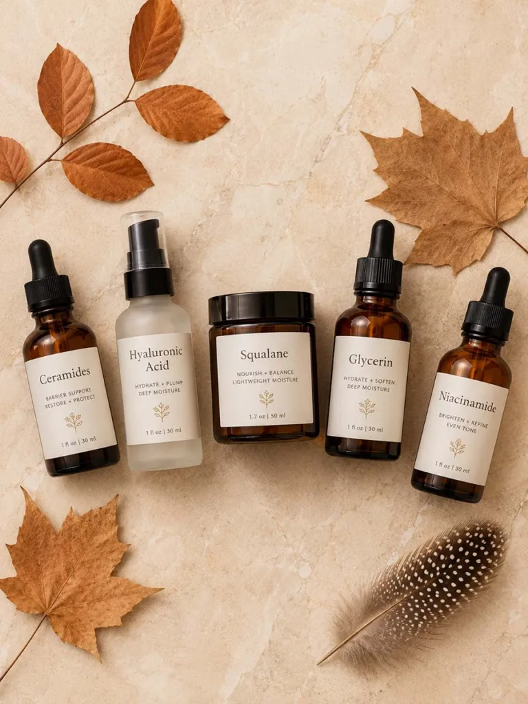 Fall skincare ingredient glossary featuring ceramides, hyaluronic acid, and squalane