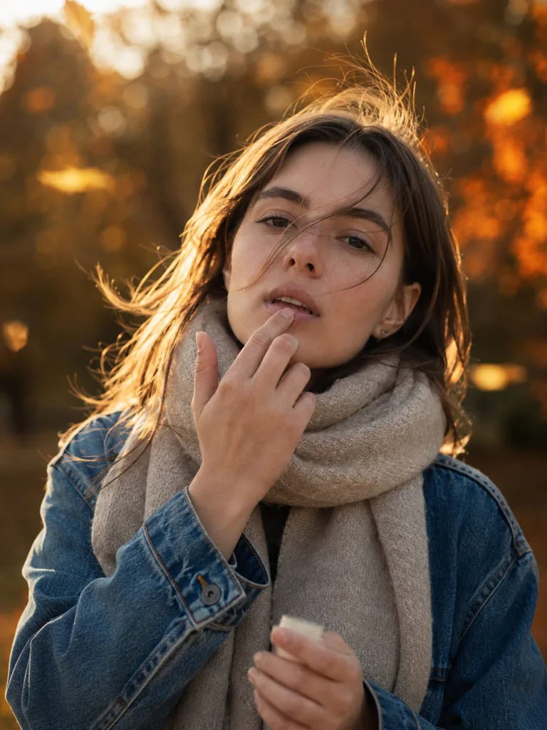 Woman applying lip balm outdoors to prevent chapped lips in fall