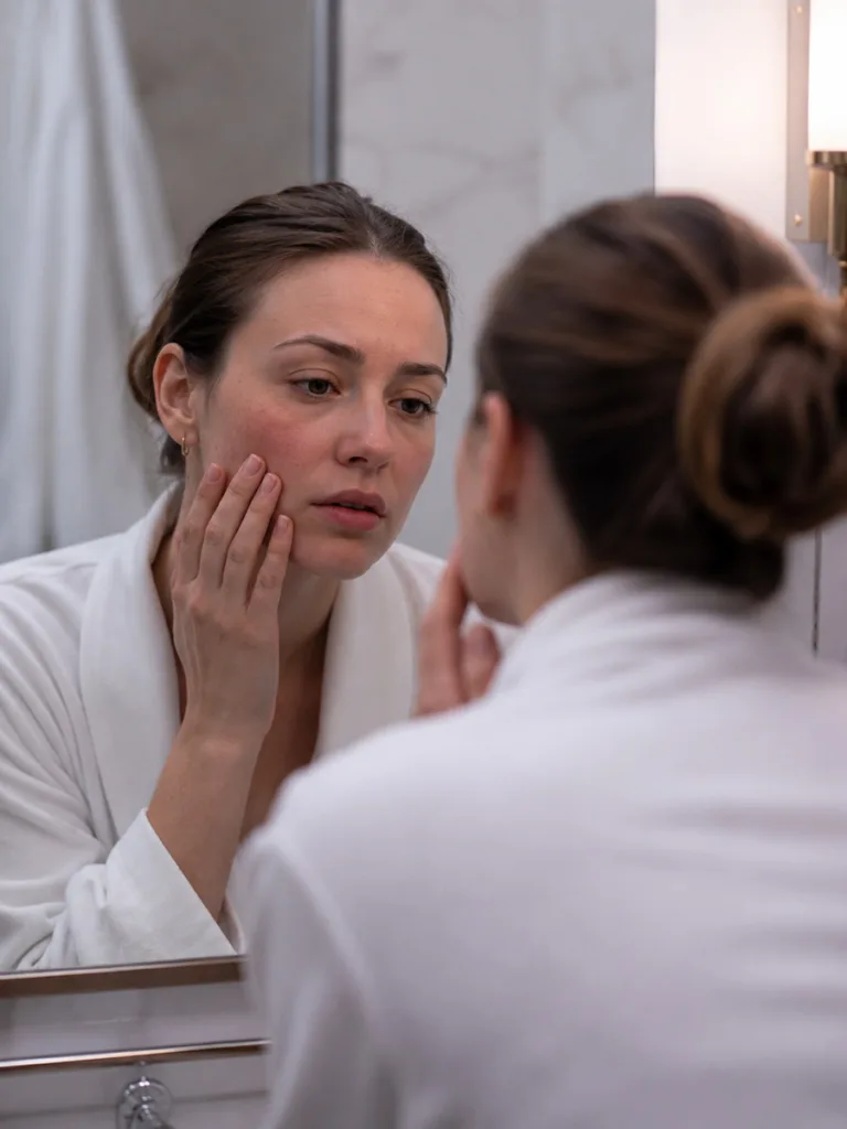 Woman noticing skin irritation from a common fall skincare mistake
