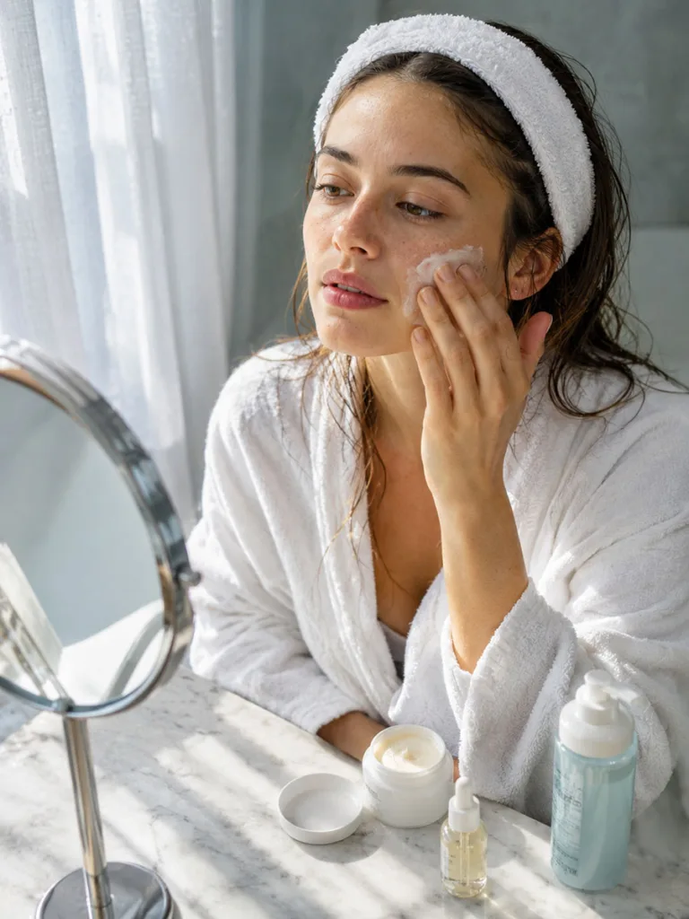 Woman completing her fall skincare morning routine at a bathroom vanity