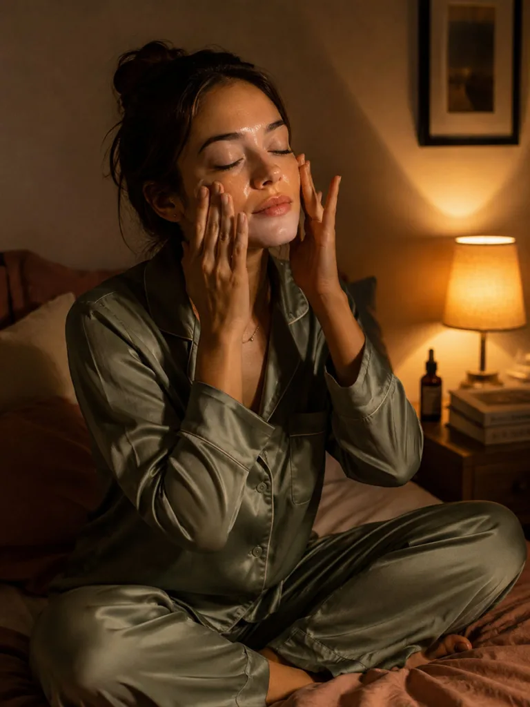 Woman applying facial oil as the last step of her fall skincare night routine