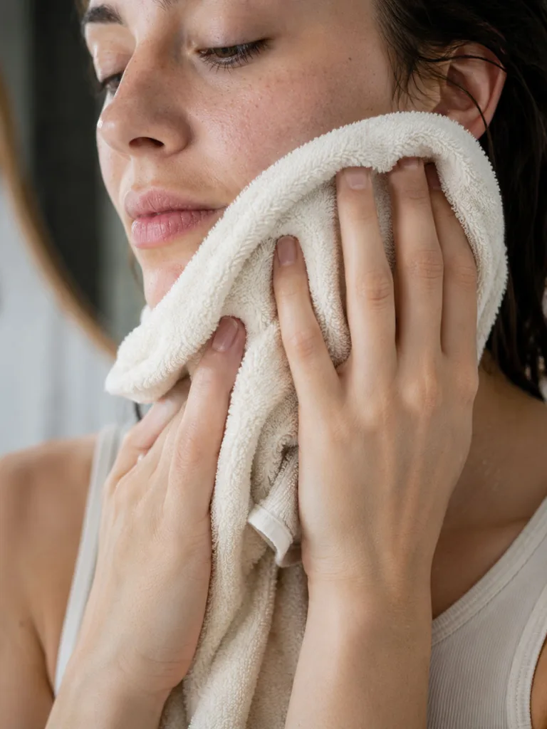 Woman patting her skin dry with a towel instead of rubbing after washing