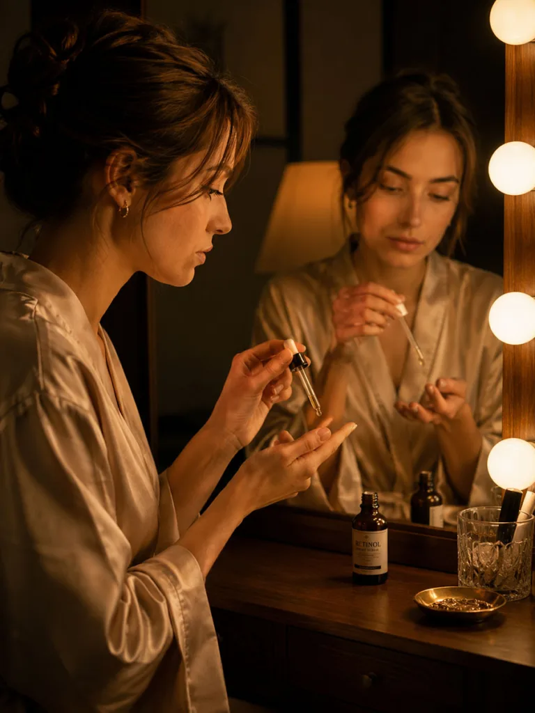 Woman carefully applying retinol at night as part of a fall skincare routine