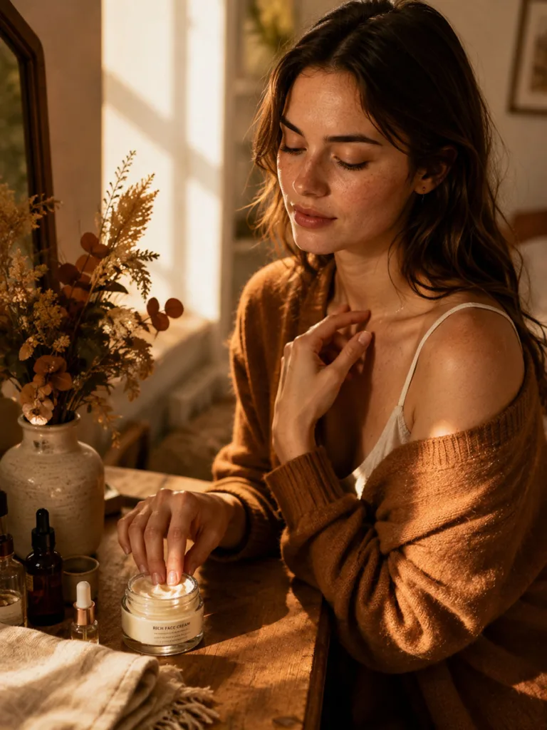 Woman scooping a rich fall moisturizer from a jar for drier skin