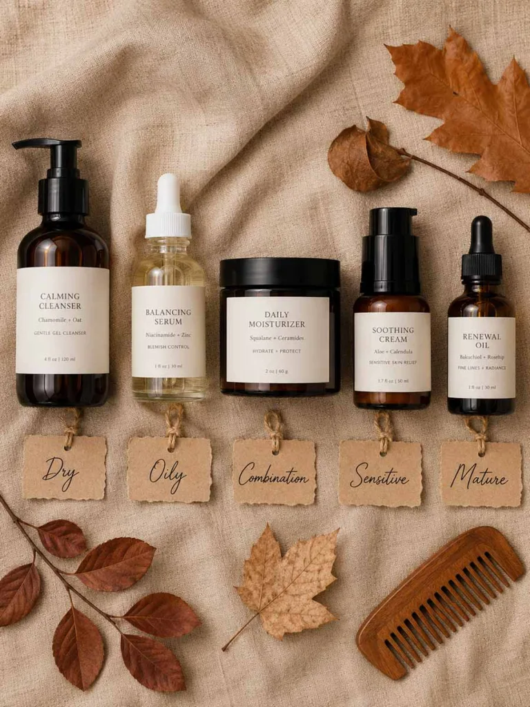 Skincare products organized by skin type for a personalized fall routine