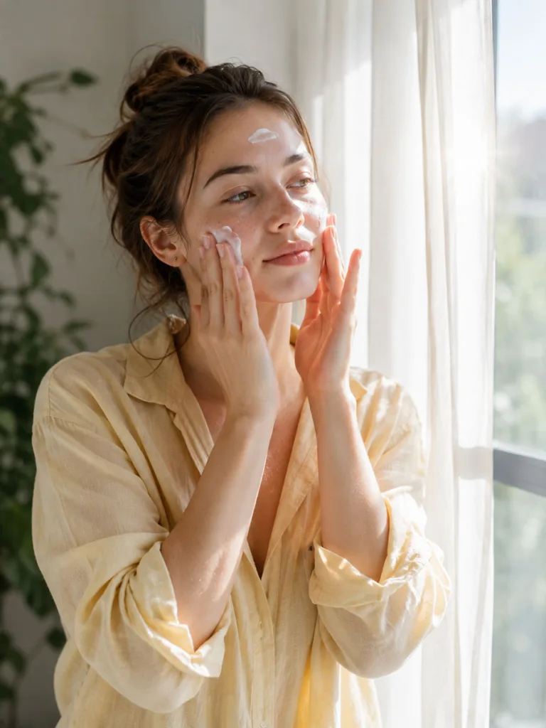 Woman applying SPF 30 sunscreen as part of her daily fall skincare routine