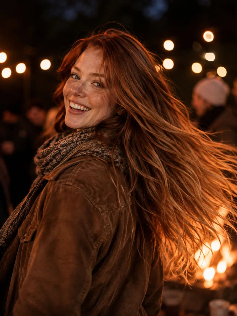 Woman with fiery ombre red to copper hair caught mid-motion near firelight