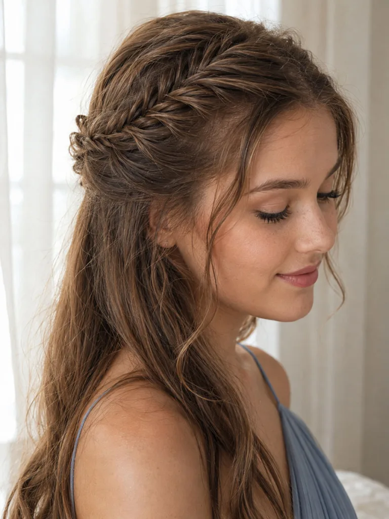 Fishtail braid half-up prom hairstyle with a softly loosened texture