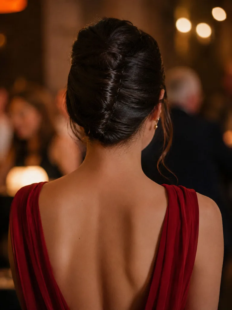 Classic French twist updo shown from behind, open-back cocktail dress