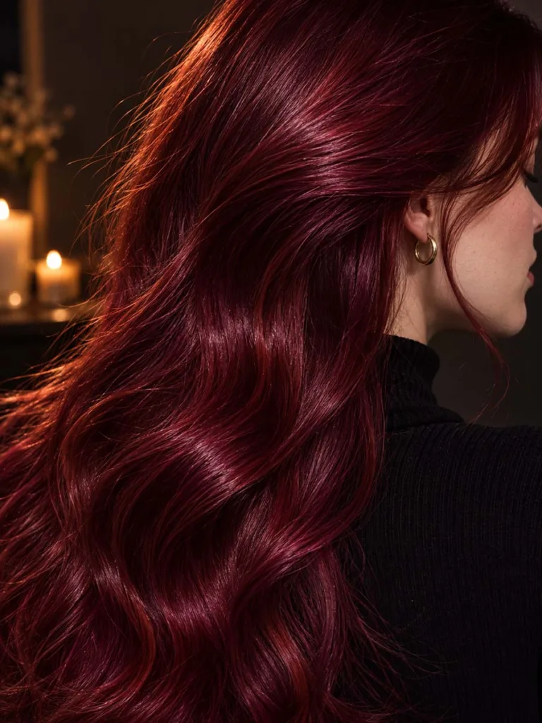 Close-up of glossy jewel-toned garnet red hair in dramatic lighting