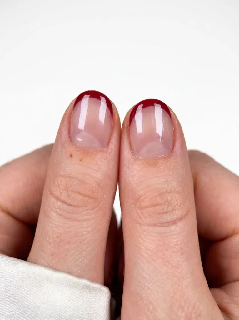 Extreme close-up of glazed red nails with a glass-like shine.