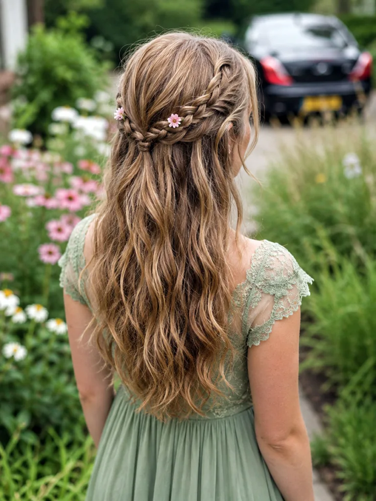 Boho half-up braided crown prom hairstyle with small flowers along the braid