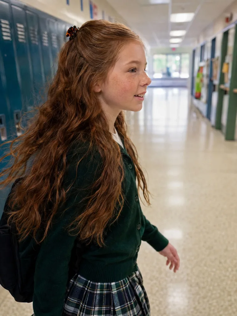 Half up half down easy hairstyle for school shown in a school hallway