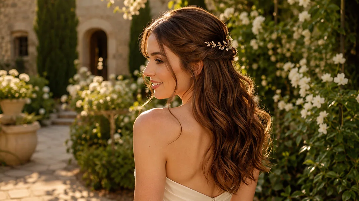Half up half down wedding hairstyles for brides, bride with a twisted crown and loose waves in a sunlit garden