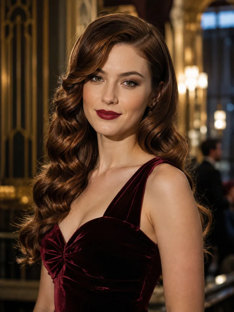 Glamorous Hollywood waves hairstyle for a formal wedding, deep burgundy gown