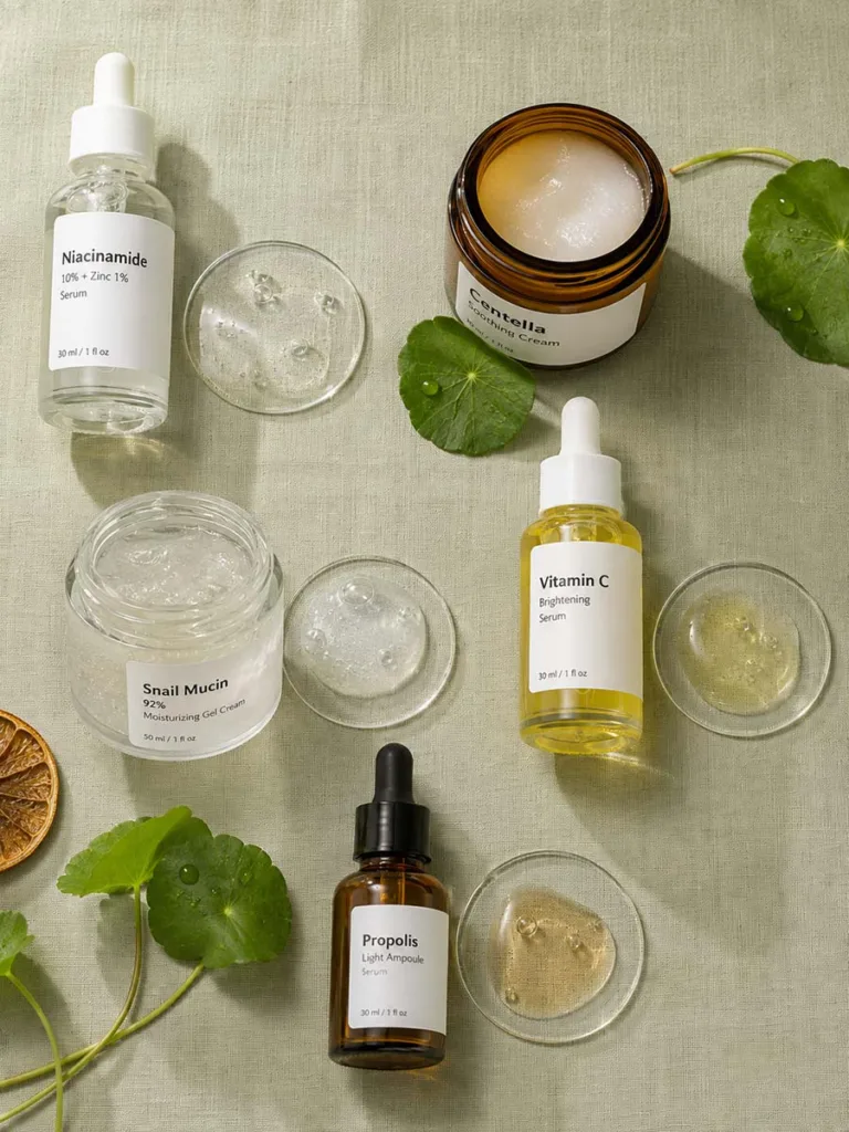 Overhead flat lay of key Korean skincare ingredients including niacinamide, centella, and vitamin C