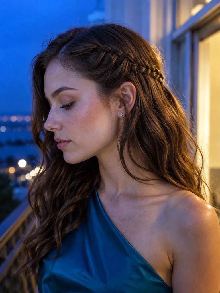 Loose waves prom hairstyle with a thin side braid detail