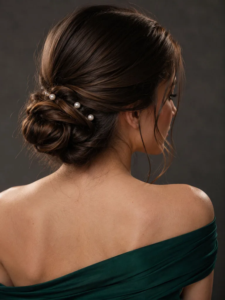 Back view of a low chignon prom updo with pearl hairpins and loose face-framing pieces