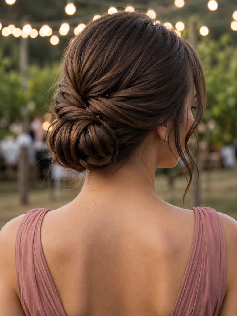 Low chignon updo shown from behind at a vineyard wedding reception