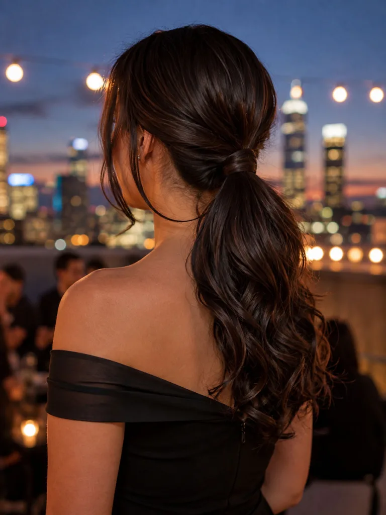Low ponytail with a wrapped strand hiding the elastic, rooftop wedding cocktail hour