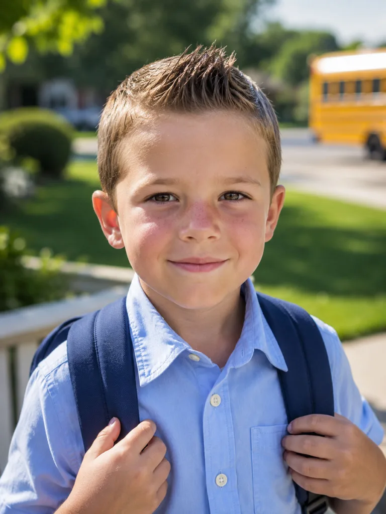 Mini quiff hairstyle for boys styled before school outdoors