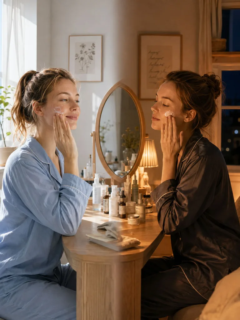 Split image comparing a bright morning skincare routine with a calm nighttime routine