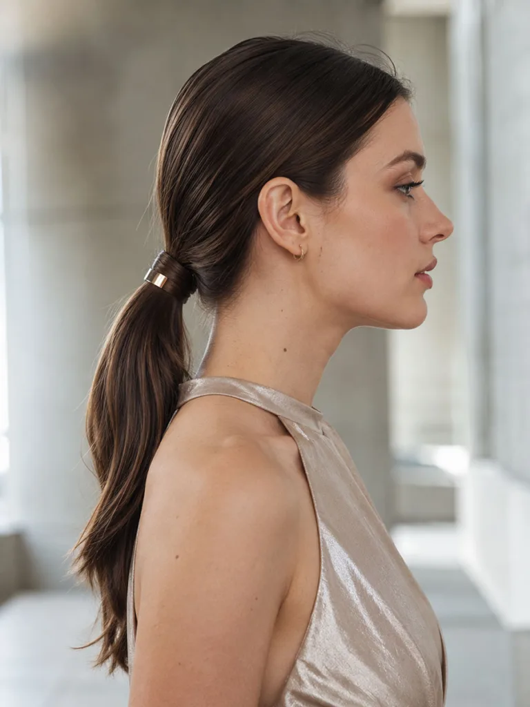 Sleek polished ponytail with a metallic clip at a modern minimalist wedding venue