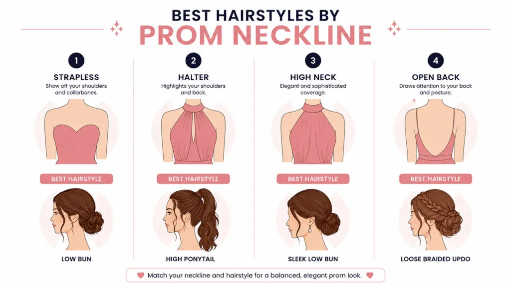 Diagram matching prom dress necklines to recommended prom hairstyles