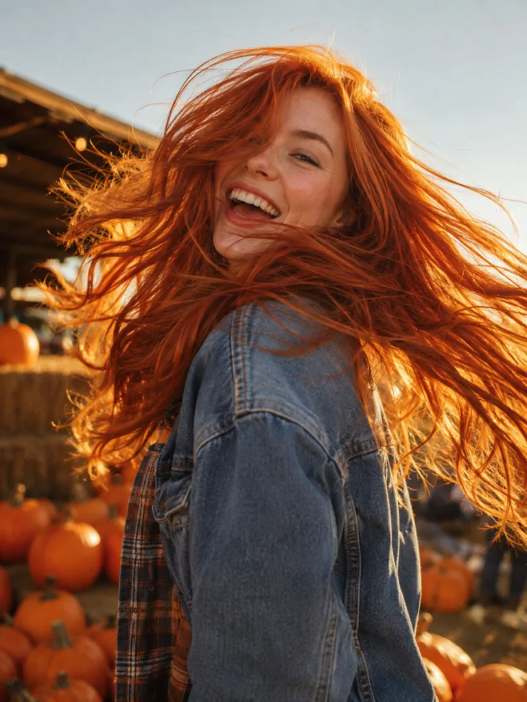 Woman with vibrant pumpkin spice orange-red hair at an outdoor pumpkin patch