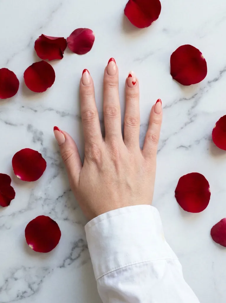 Fair-skinned hand with red french tip almond nails on white marble with roses
