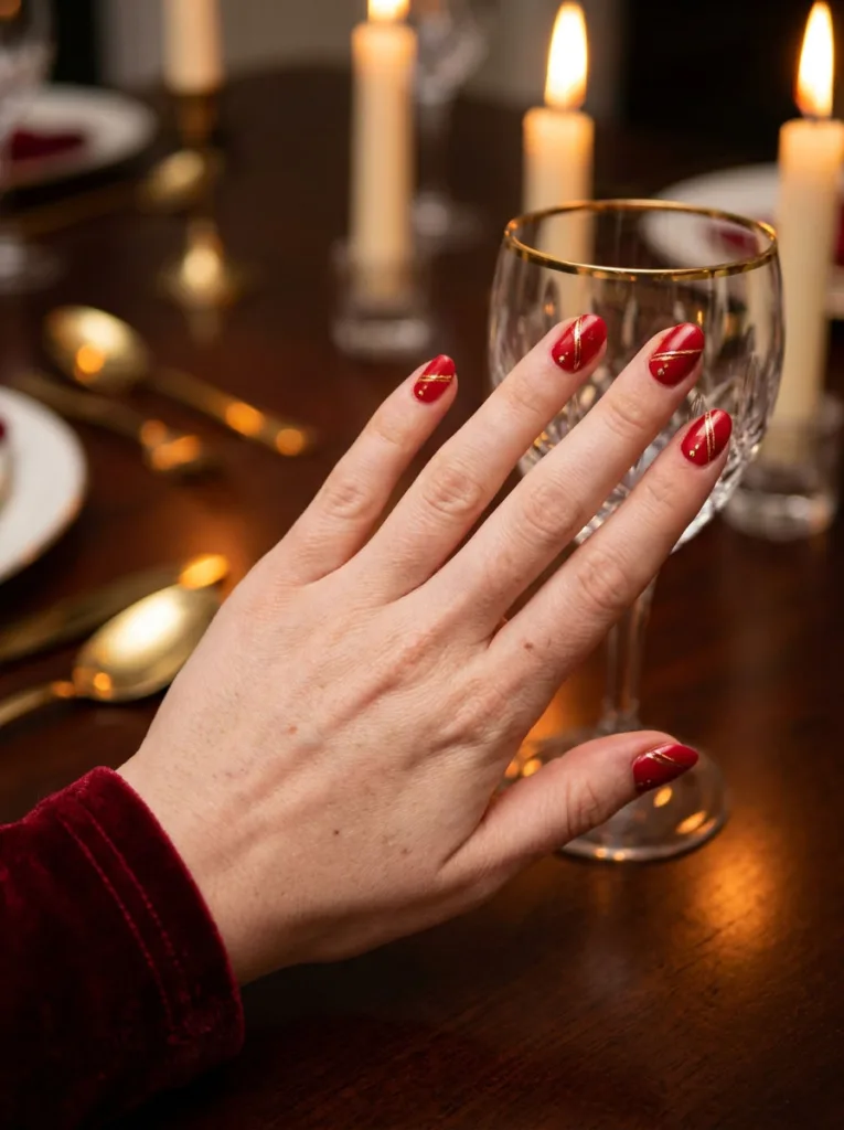 Hand with red and gold nail art resting beside a gold rimmed wine glass at an evening dinner.