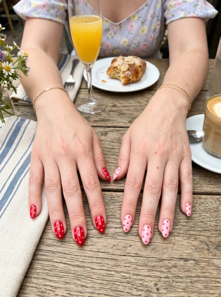 Two hands with mismatched red and pink dotted nail designs resting on an outdoor brunch table.