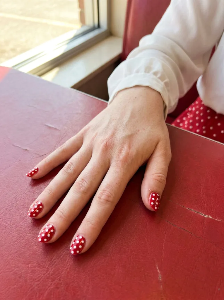 Hand with red and white polka dot nails resting on a red vinyl diner booth seat.